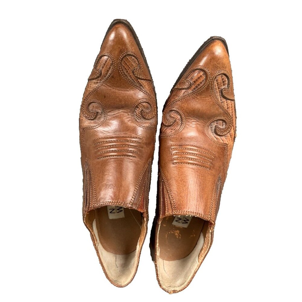 Nine West  Western Cowgrl CHESTNUT BROWN Mixed Leather Ankle Booties Pointed Toe - Picture 3 of 11